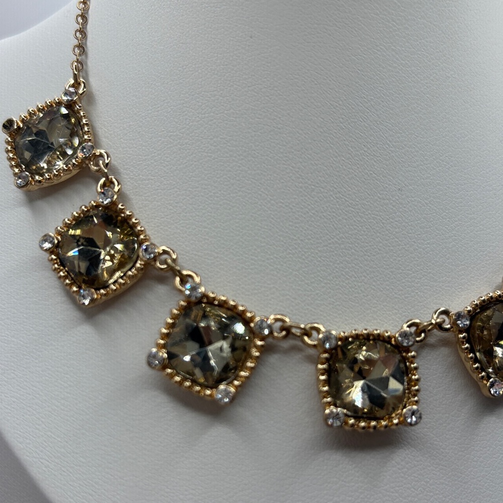 J Crew Gold Statement Necklace Champagne Crystal Square Bib - Picture 2 of 10